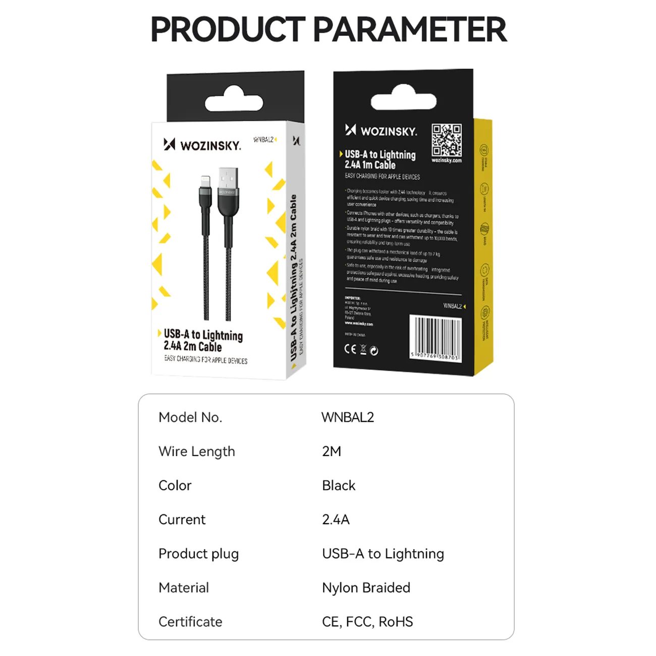 Pleteni USB-A na Lightning kabel za iPhone, 2,4 A, 2 m, crni 5