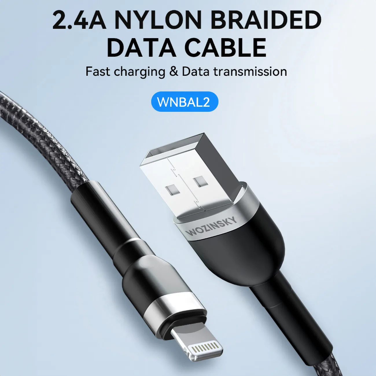 Pleteni USB-A na Lightning kabel za iPhone, 2,4 A, 2 m, crni 6