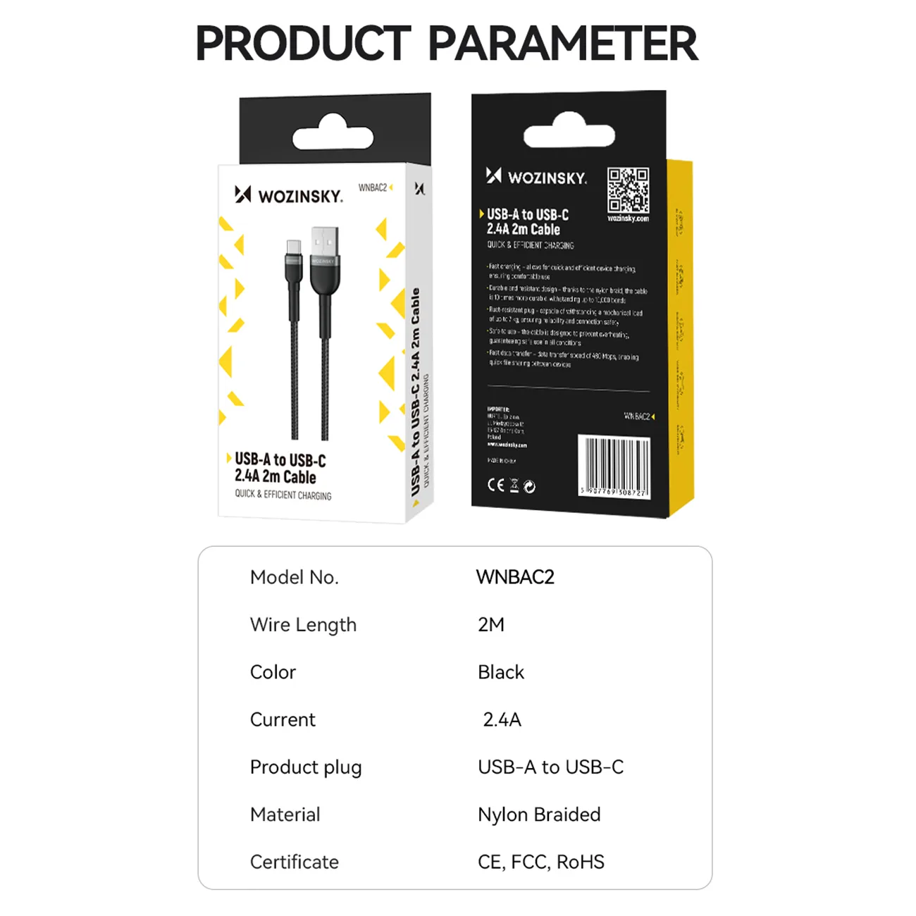 Kabel przewód w oplocie USB-A - USB-C 2.4A 1m czarny 5