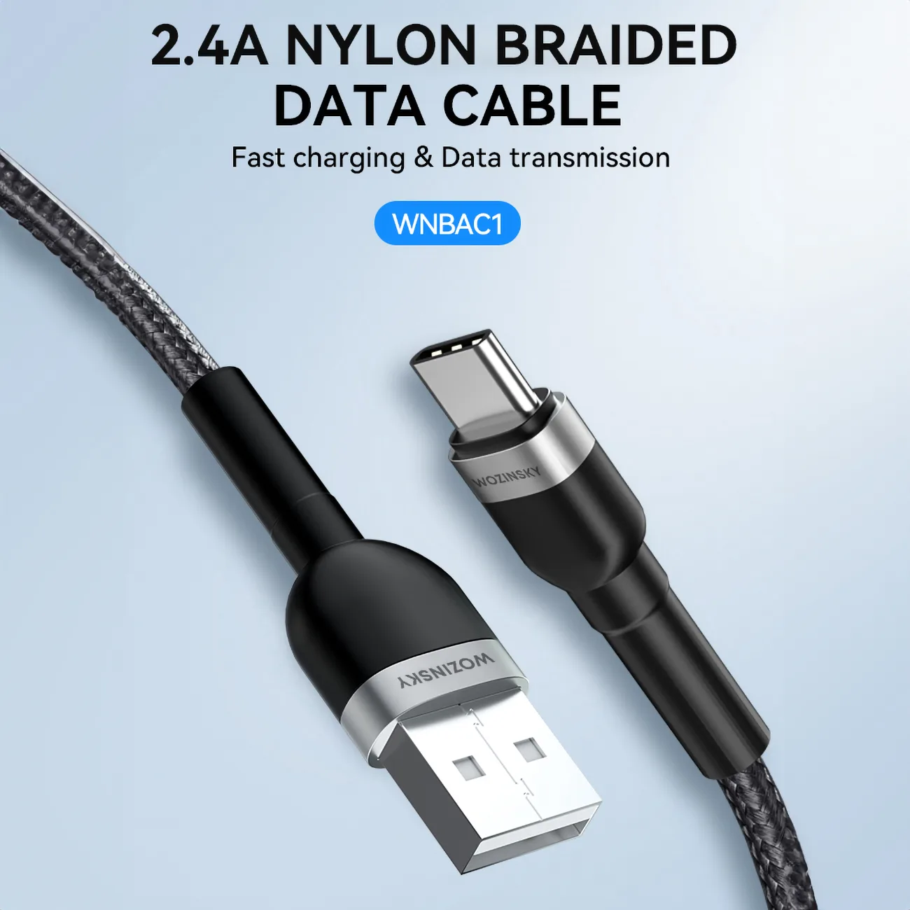Kabel przewód w oplocie USB-A - USB-C 2.4A 1m czarny 6