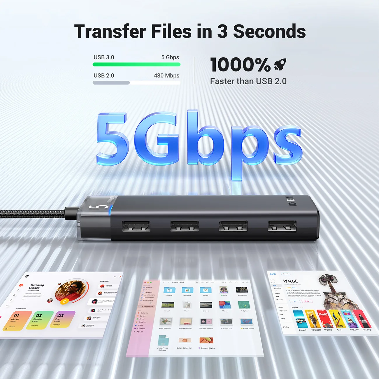 HUB adapter, 4x USB-A 3.0 portos elosztó USB-A tápkábellel, fekete 3