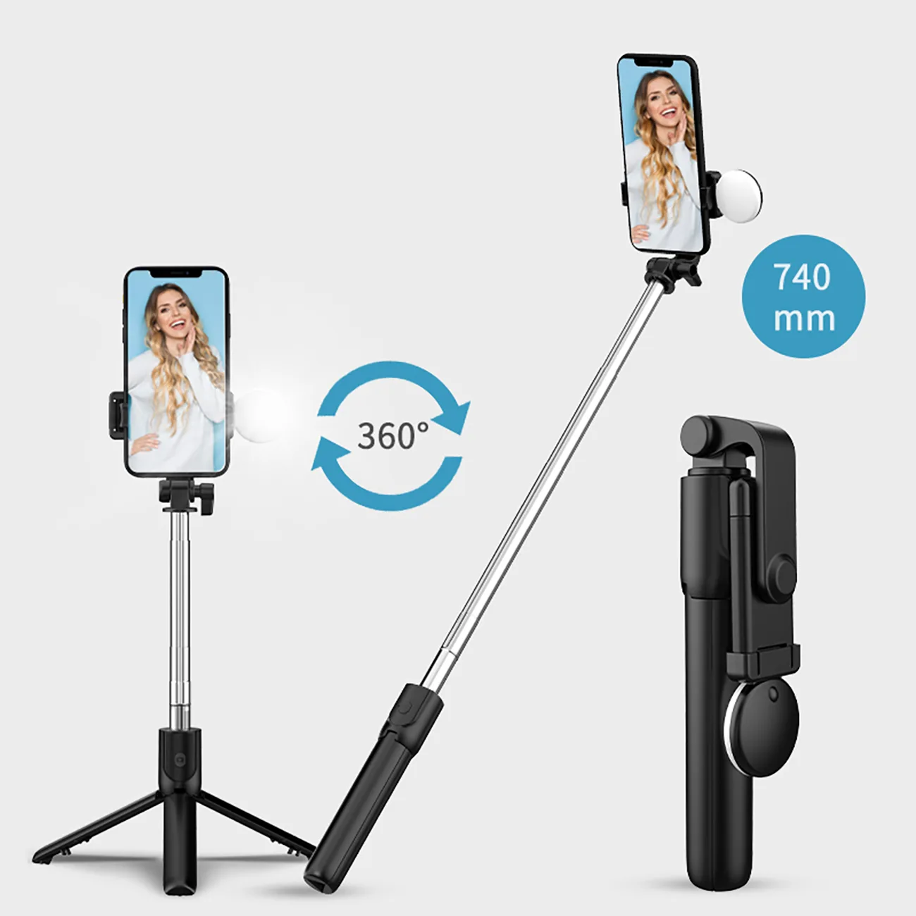 Baston telescopic pentru selfie cu telecomandă + lumină LED și suport trepied pentru telefon, 0,71 m - negru 7