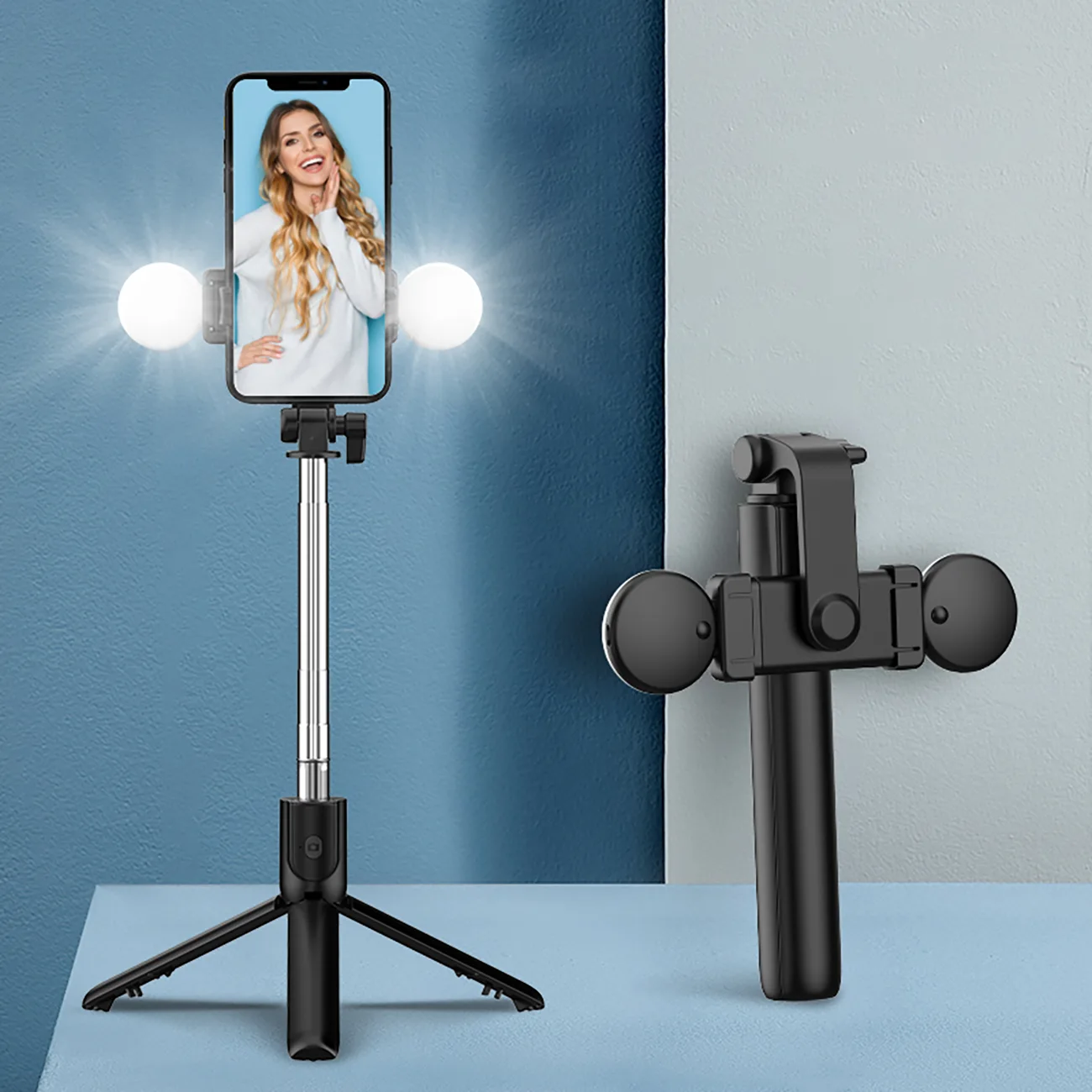 Baston telescopic pentru selfie cu telecomandă + lumină LED și suport trepied pentru telefon, 0,71 m - negru 8