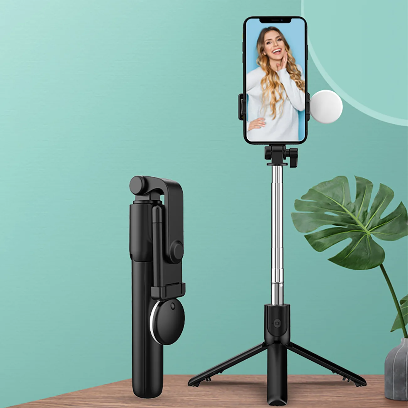 Baston telescopic pentru selfie cu telecomandă + lumină LED și suport trepied pentru telefon, 0,71 m - negru 9