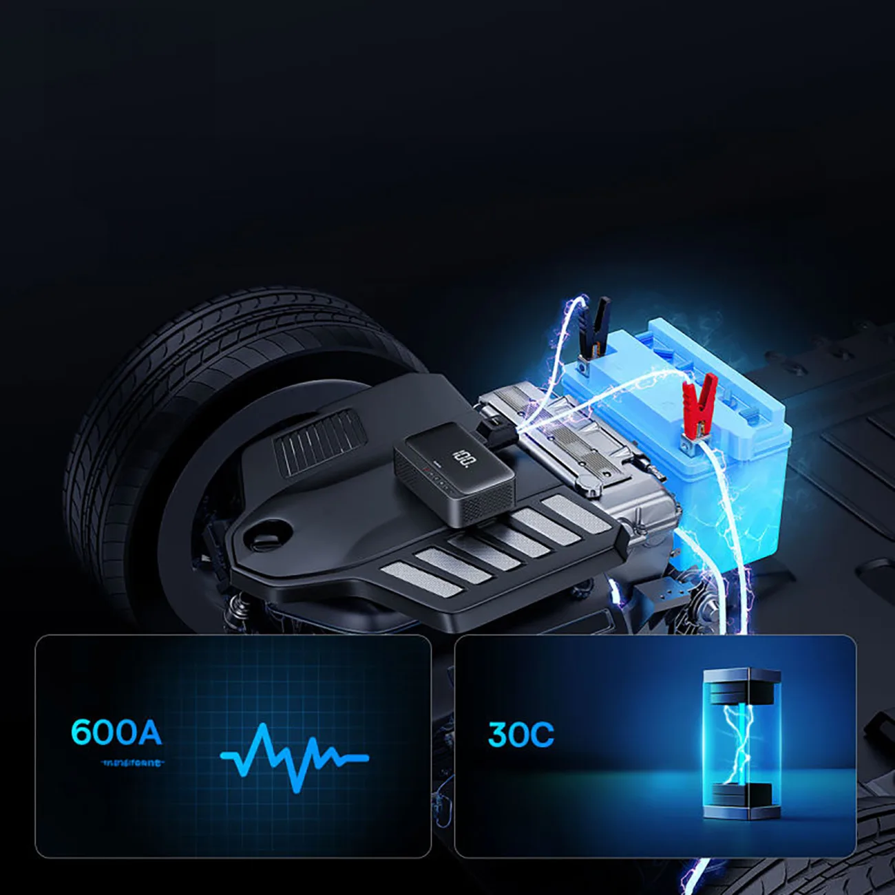 4-u-1 starter za automobilske akumulatore 600A s baterijskom lampom, power bankom od 6000 mAh i super energetskim kompresorom - crna 11