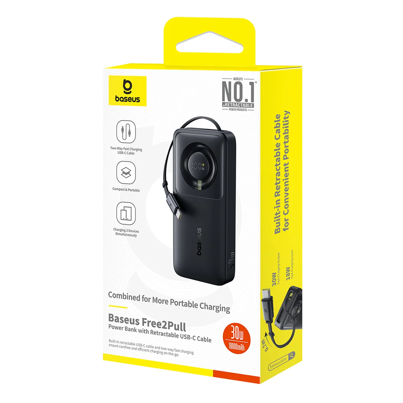 Power Bank de 10000 mAh și 30 W cu port USB-C și cablu USB-C retractabil Free2Pull - Negru 4