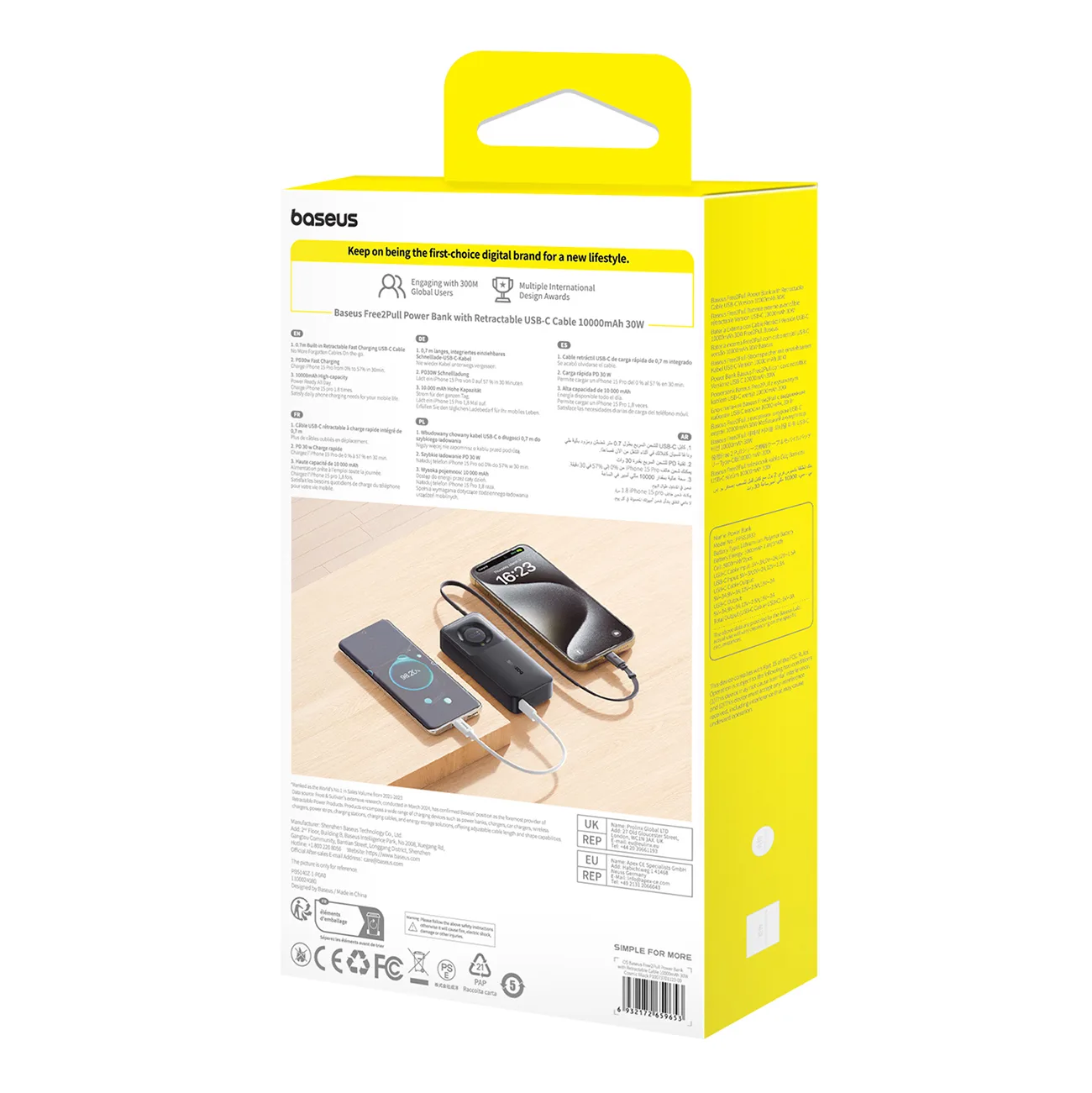Power Bank de 10000 mAh și 30 W cu port USB-C și cablu USB-C retractabil Free2Pull - Negru 5
