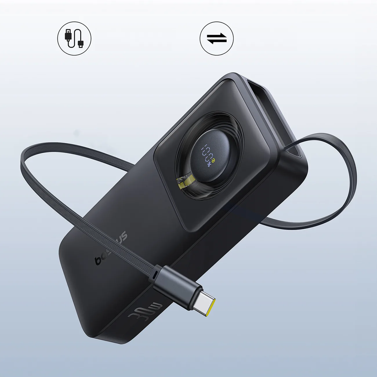 Power Bank de 10000 mAh și 30 W cu port USB-C și cablu USB-C retractabil Free2Pull - Negru 6
