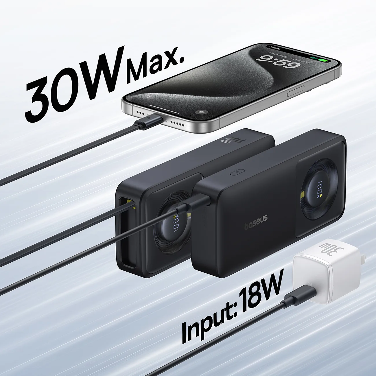 Power Bank de 10000 mAh și 30 W cu port USB-C și cablu USB-C retractabil Free2Pull - Negru 7