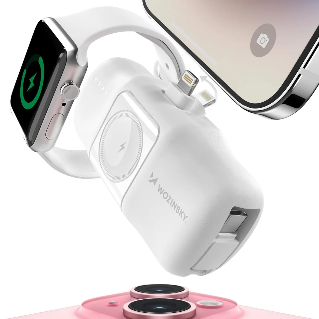 Mini 5000mAh 15W Power Bank with iPhone Lightning and Apple Watch Charger - White 5