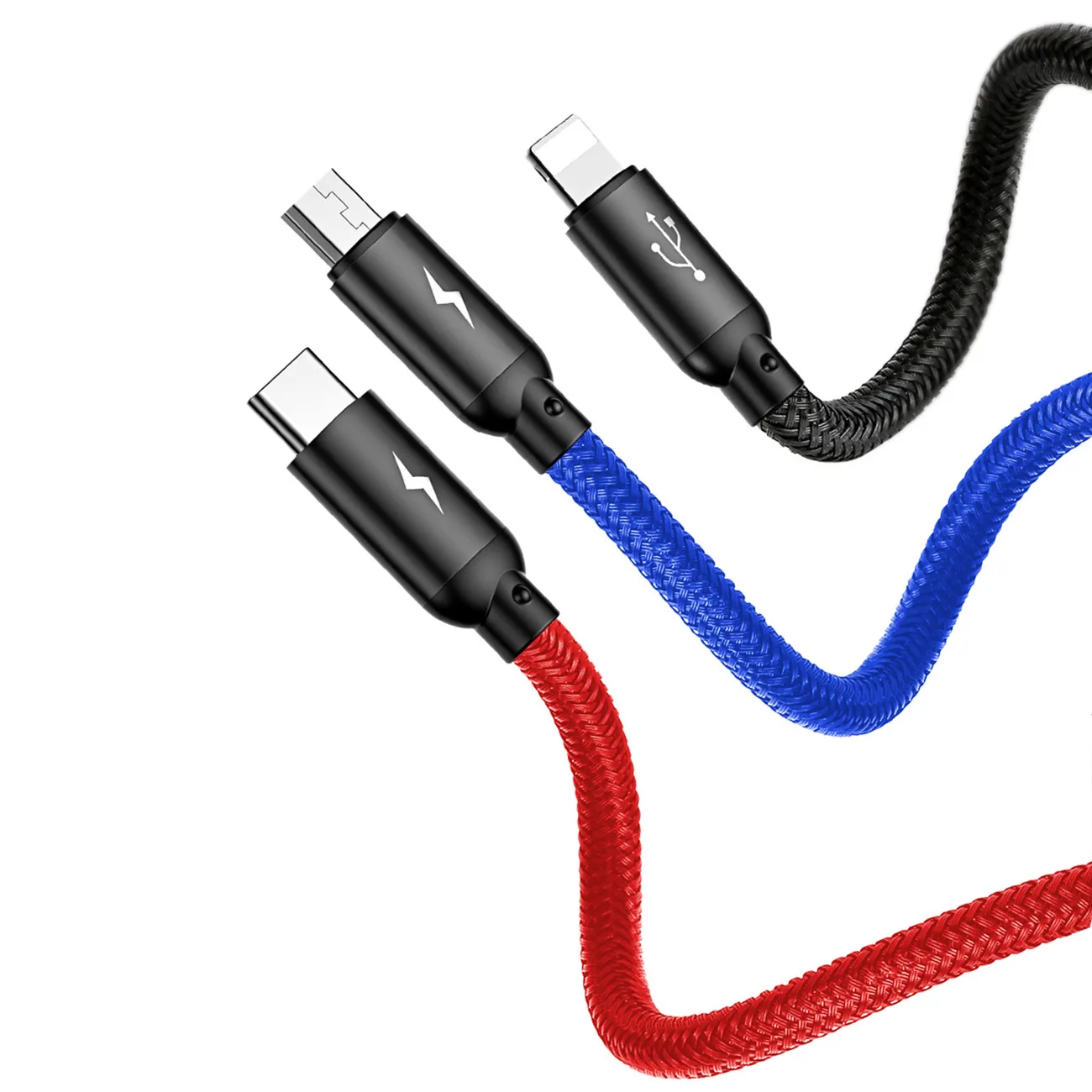 3-v-1 kábel USB-A na Micro USB / iPhone Lightning / USB-C 3,5 A 0,3 m – čierny 6