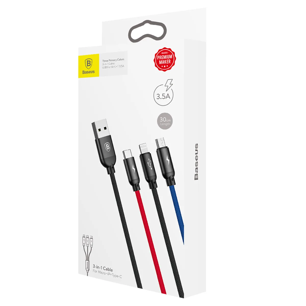 3-v-1 kábel USB-A na Micro USB / iPhone Lightning / USB-C 3,5 A 0,3 m – čierny 7