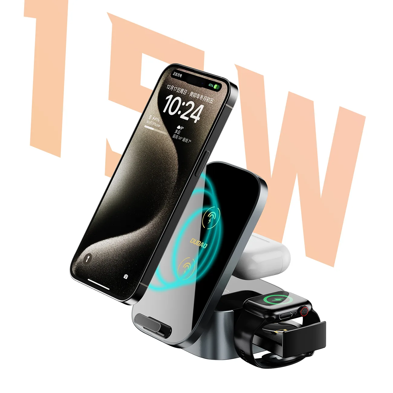 3 az 1-ben A11Pro+ 15 W-os induktív töltő telefonhoz, okosórához és fülhallgatóhoz – fekete 3
