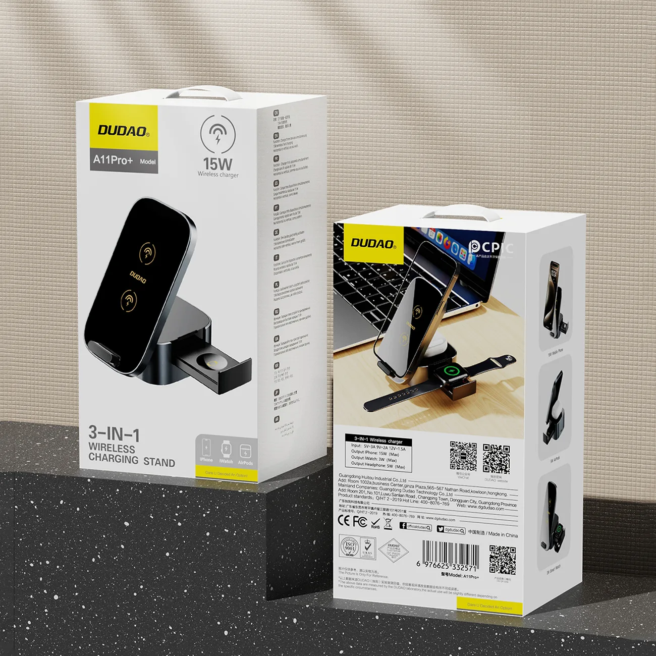 3 az 1-ben A11Pro+ 15 W-os induktív töltő telefonhoz, okosórához és fülhallgatóhoz – fekete 9