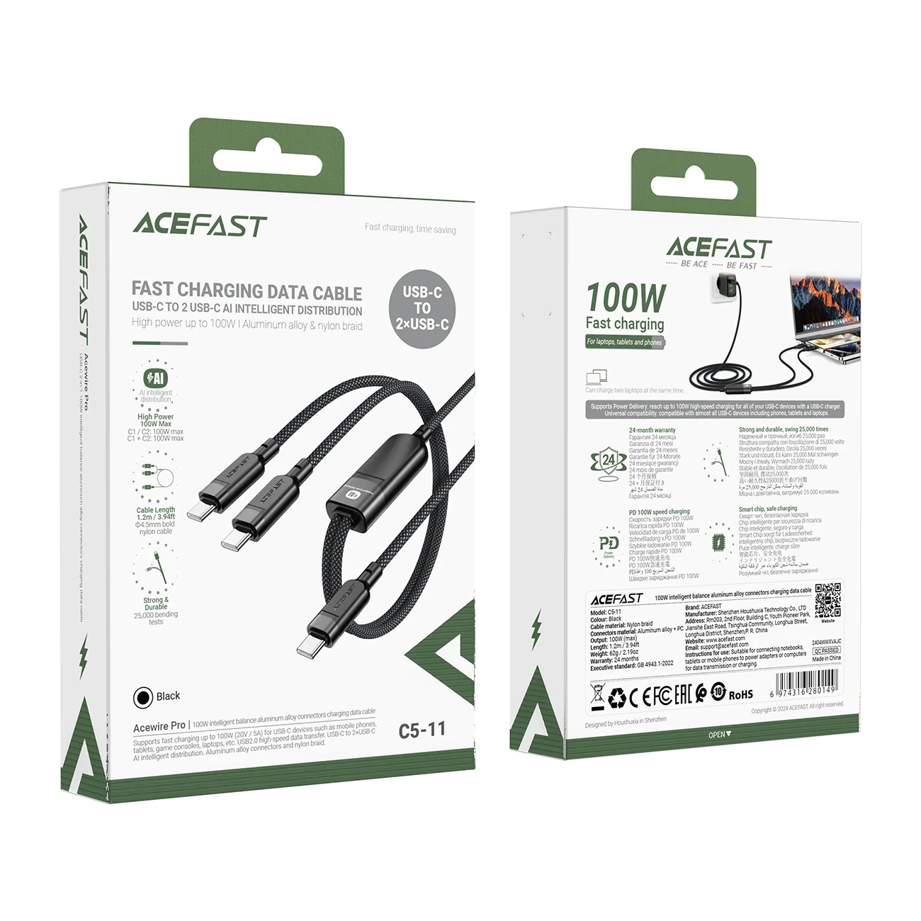 2 az 1-ben kettős USB-C kábel – 2x USB-C 100 W 480 Mb/s – Fekete 5