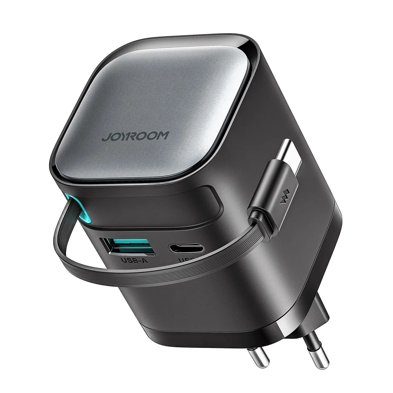 GaN 65 W-os USB-A/USB-C fali töltő beépített USB-C kábellel – fekete