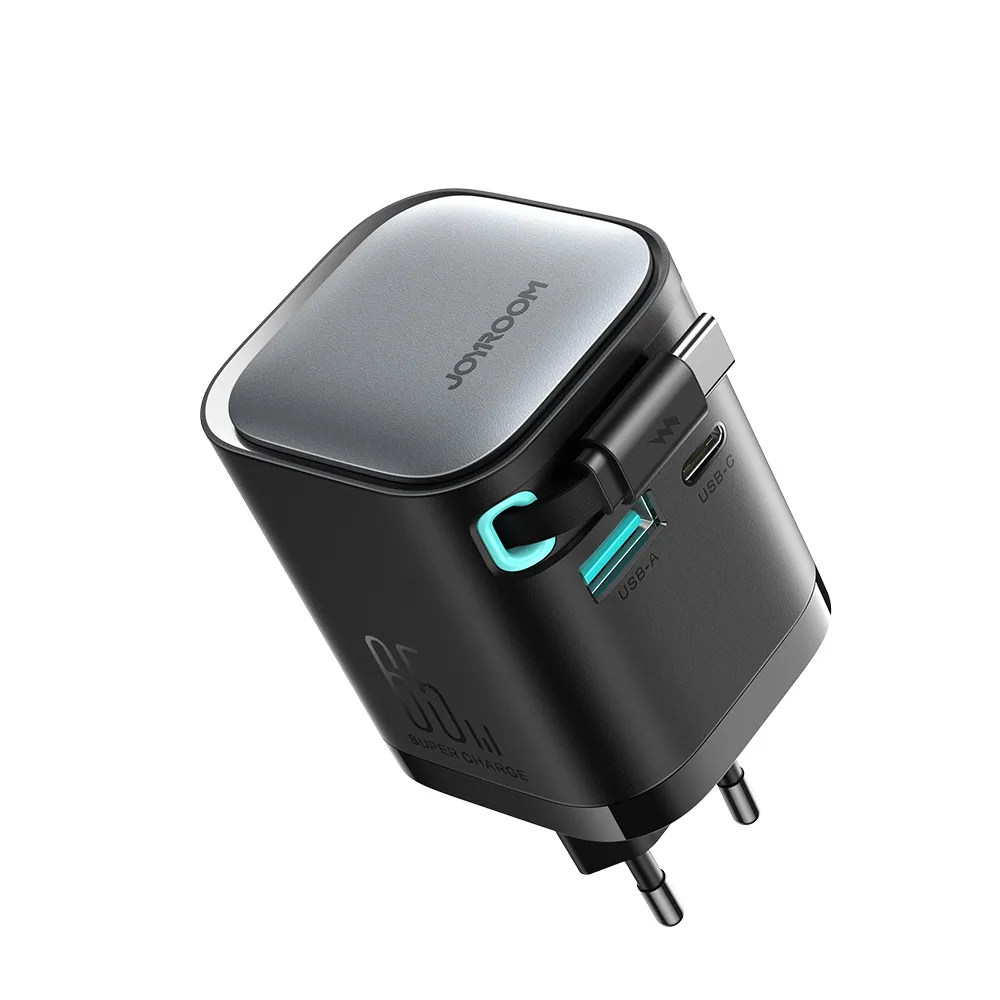 GaN 65-W-USB-A/USB-C-Ladegerät mit integriertem USB-C-Kabel – schwarz 2