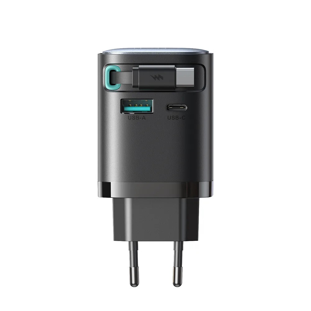 GaN 65 W USB-A USB-C nabíjačka do zásuvky s integrovaným káblom USB-C – čierna 3