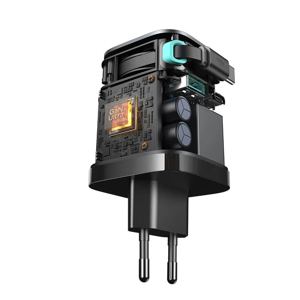 GaN 65-W-USB-A/USB-C-Ladegerät mit integriertem USB-C-Kabel – schwarz 4