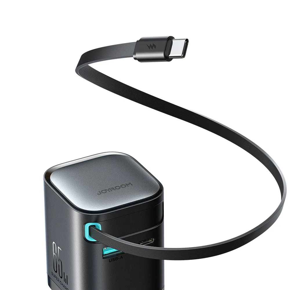 GaN 65 W USB-A USB-C nabíjačka do zásuvky s integrovaným káblom USB-C – čierna 5
