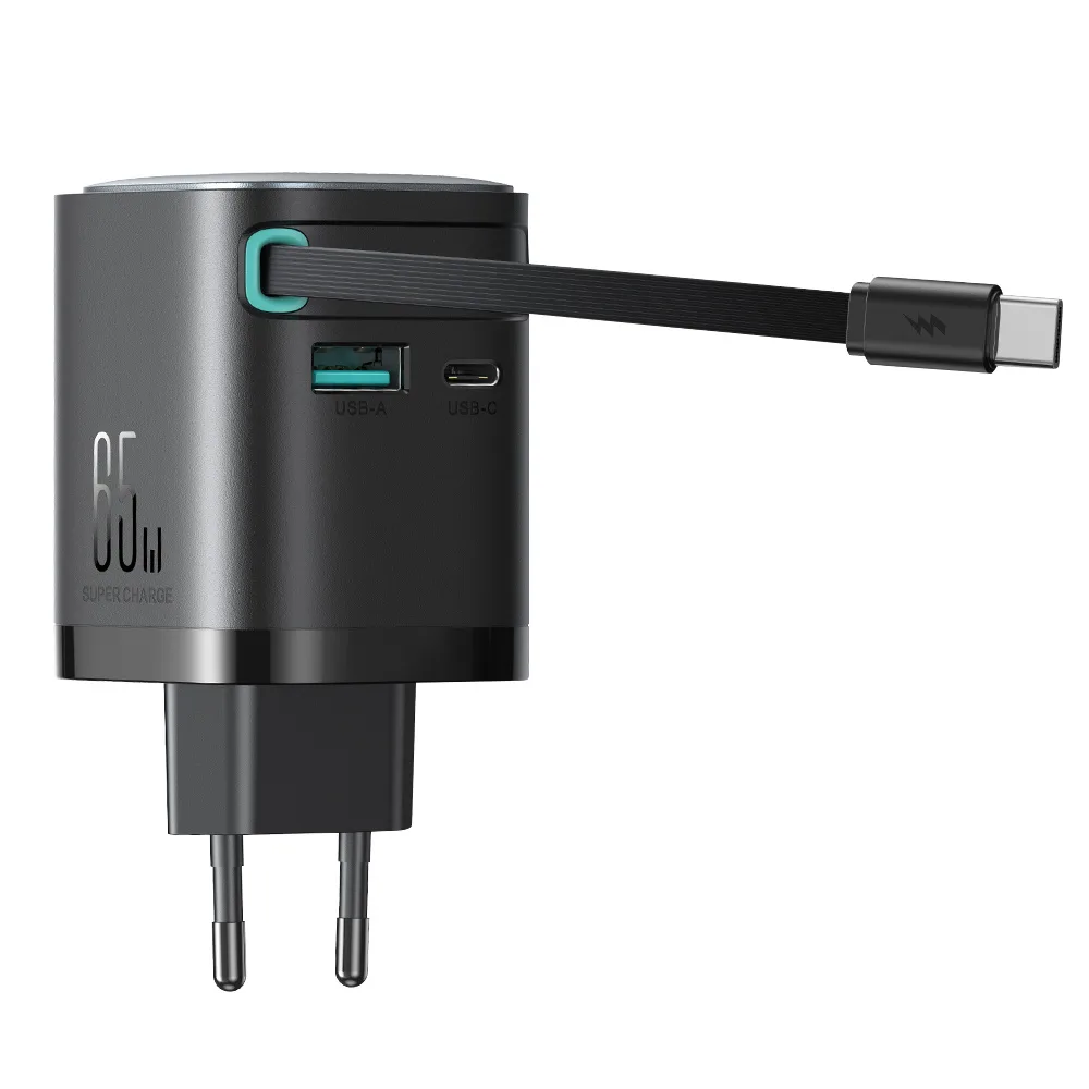 GaN 65 W USB-A USB-C nabíjačka do zásuvky s integrovaným káblom USB-C – čierna 6