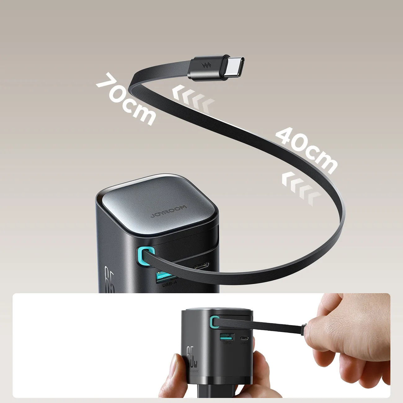 GaN 65-W-USB-A/USB-C-Ladegerät mit integriertem USB-C-Kabel – schwarz 9