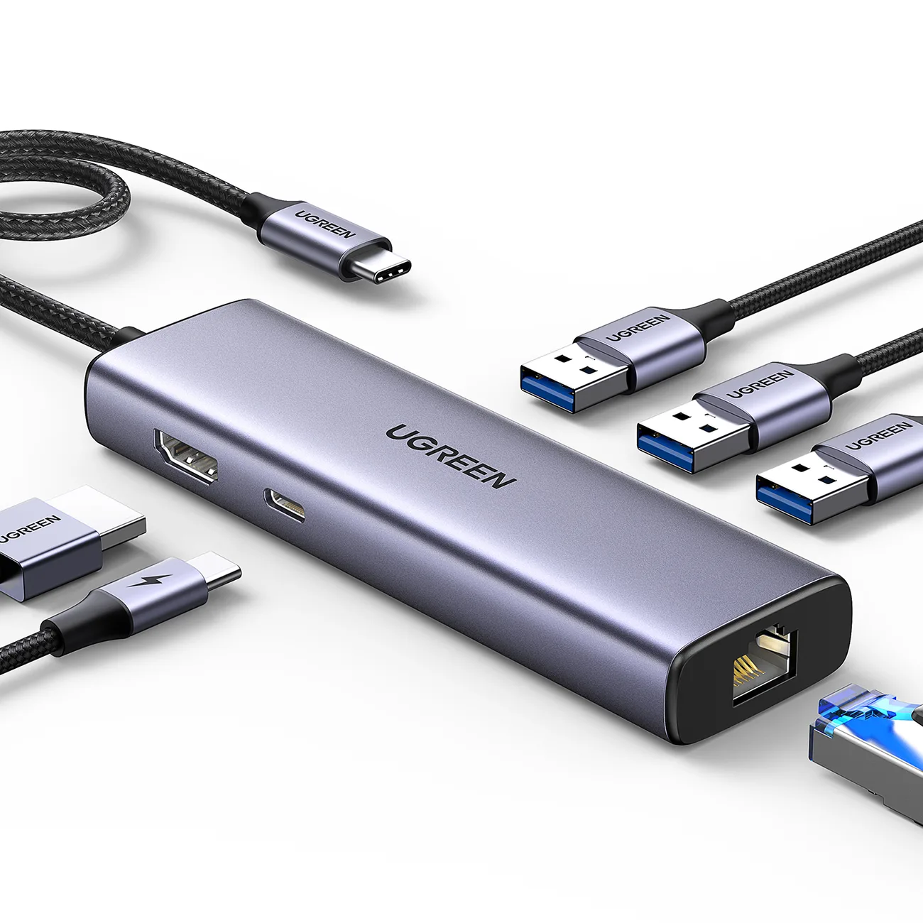 6 az 1-ben USB-C hub adapter – 3x USB-A 3.0 / HDMI / RJ45 / USB-C PD – szürke