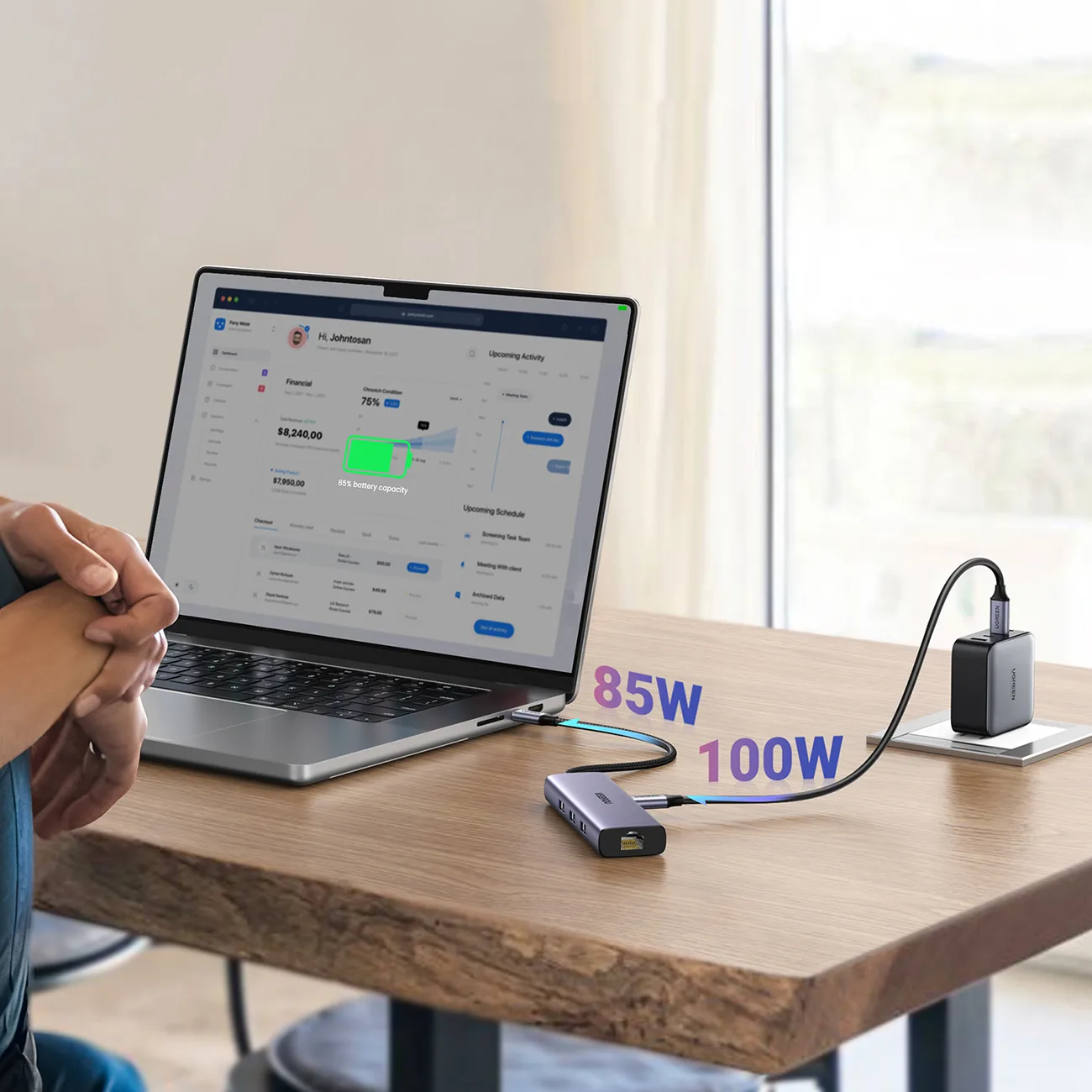 6-u-1 USB-C adapter s hubom - 3x USB-A 3.0 / HDMI / RJ45 / USB-C PD - sivi 6