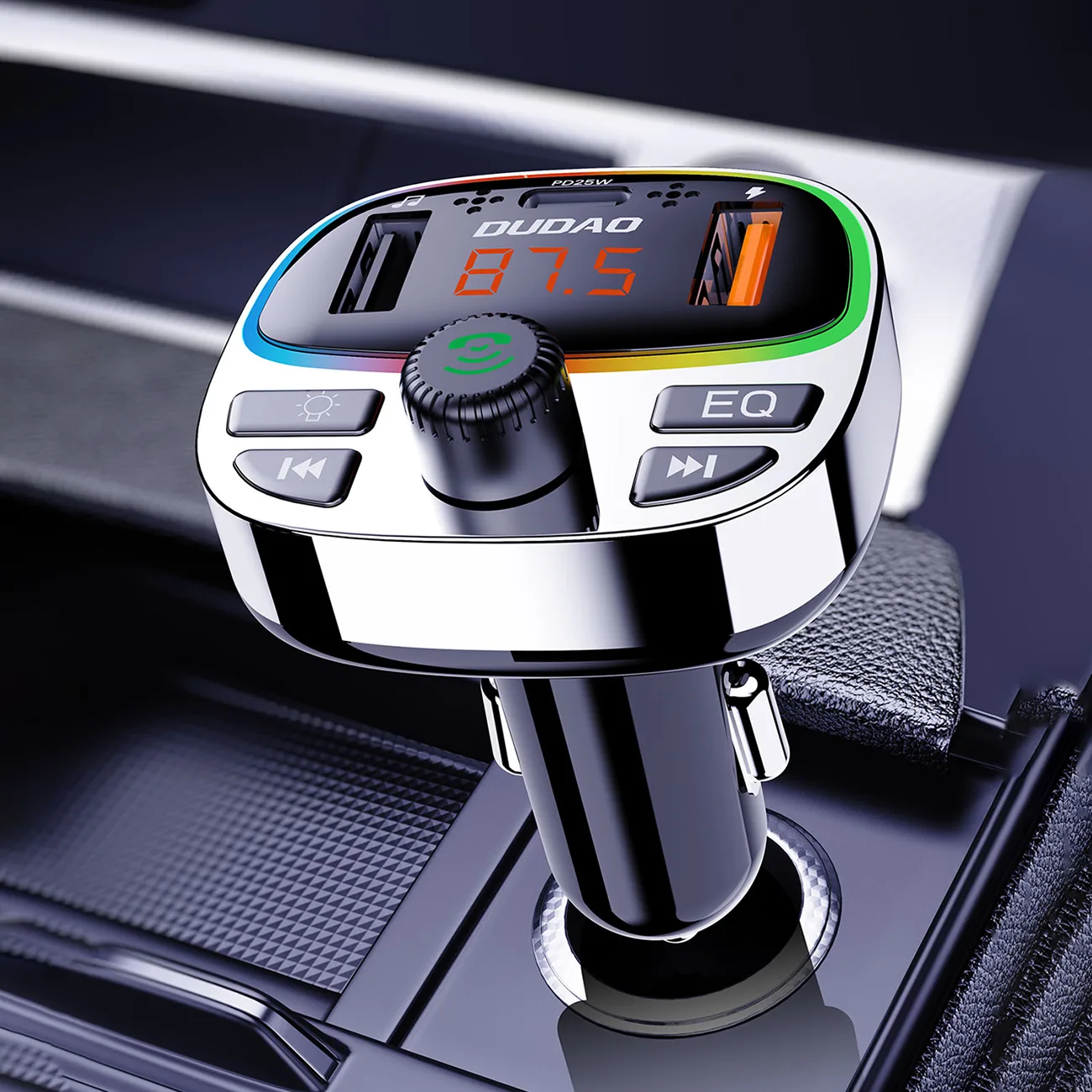 R2PRO+ Auto-Transmitter mit 25-W-PD-Ladeanschlüssen, Bluetooth 5.3, RGB – Schwarz und Silber 2