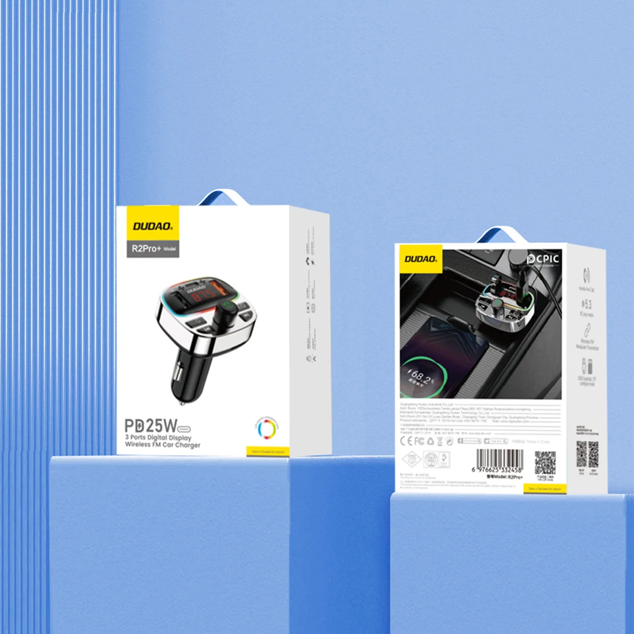 R2PRO+ Auto-Transmitter mit 25-W-PD-Ladeanschlüssen, Bluetooth 5.3, RGB – Schwarz und Silber 7