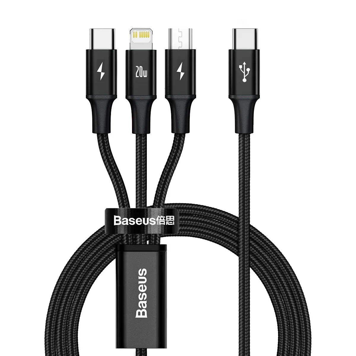 3 az 1-ben USB-C–USB-C / iPhone Lightning / microUSB kábel, 20 W PD, 1,5 m – fekete