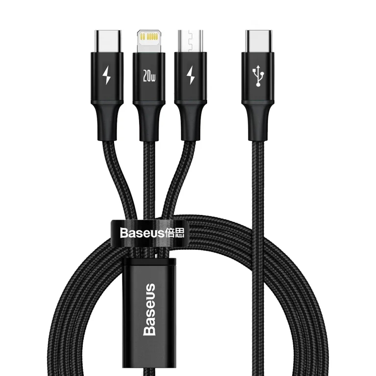3 az 1-ben USB-C–USB-C / iPhone Lightning / microUSB kábel, 20 W PD, 1,5 m – fekete