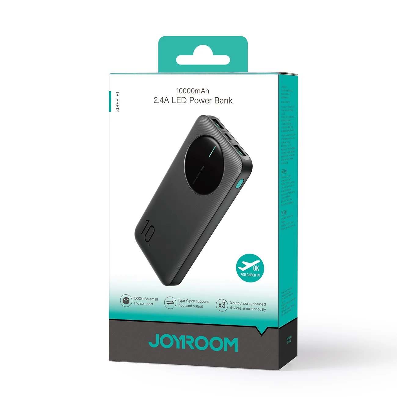 JR-PBF12 Power Bank de 10000 mAh, 2,4 A, cu 2 porturi USB-A și 1 port USB-C - negru 8