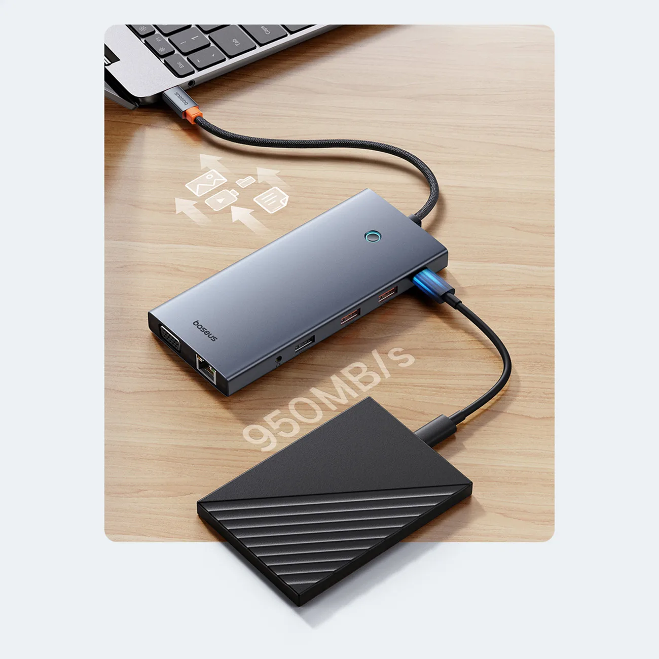 13-in-1-HUB-Adapter PortalJoy-Serie USB-C HDMI DP VGA USB-A PD RJ45 SD TF AUX – grau 10