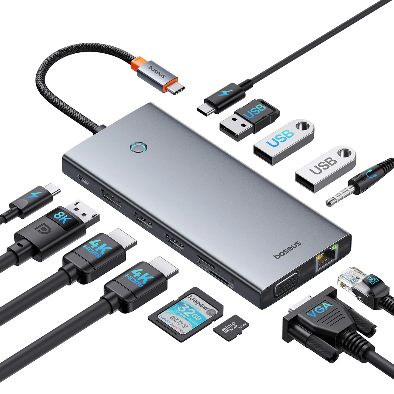 13-u-1 HUB adapter PortalJoy serija USB-C HDMI DP VGA USB-A PD RJ45 SD TF AUX - sivi 4
