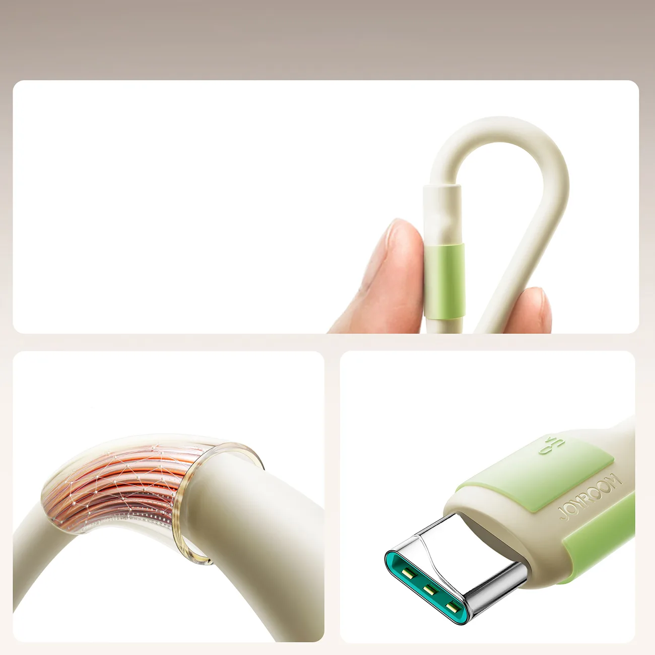 Kabel przewód USB-A - USB-C z fluorescencyjną końcówką 1.2m - beżowy 2
