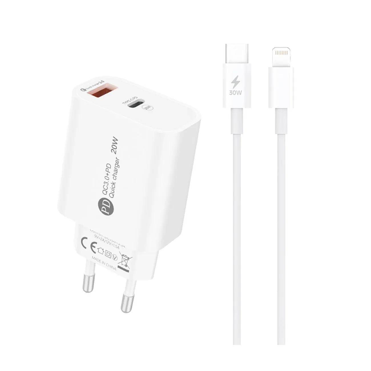 20 W-os USB-A–USB-C fali töltő 1 m-es USB-C–iPhone Lightning kábellel – fehér
