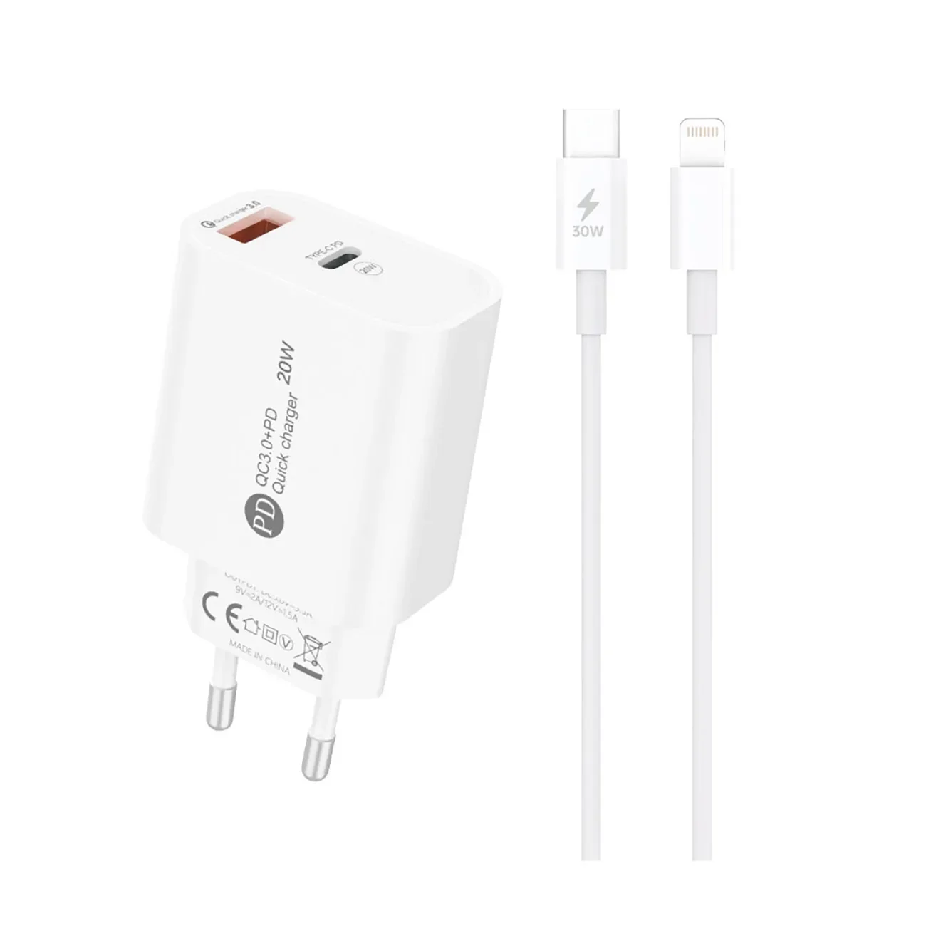 20 W-os USB-A–USB-C fali töltő 1 m-es USB-C–iPhone Lightning kábellel – fehér