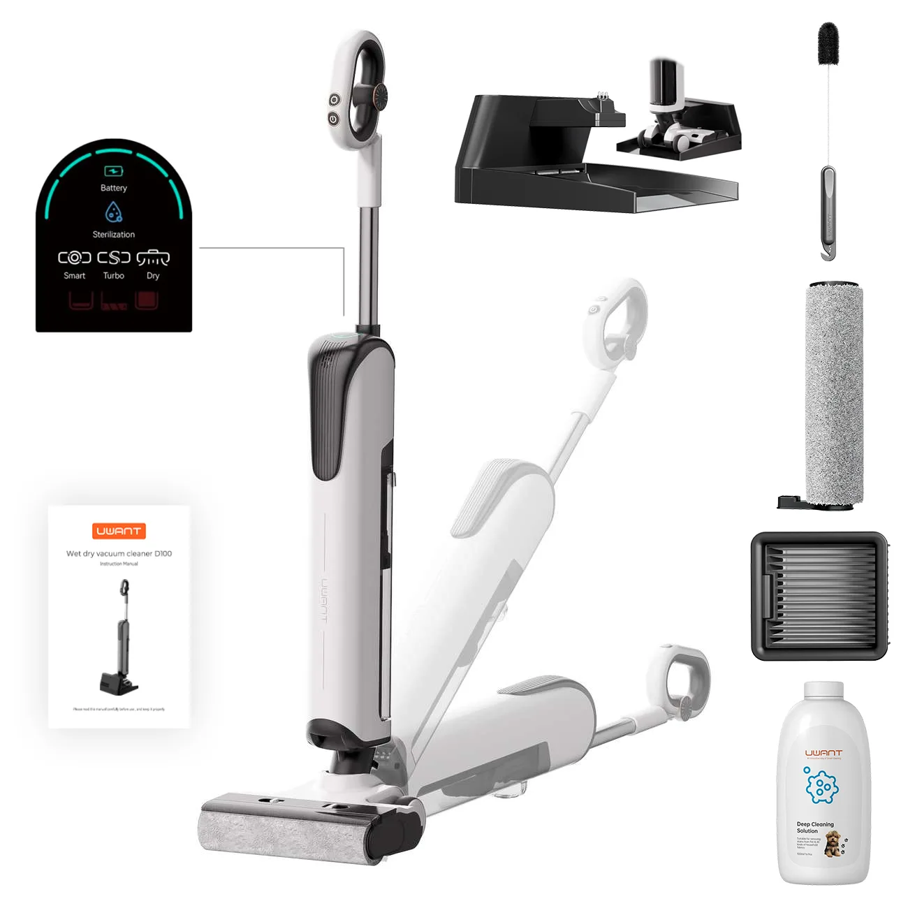 UWANT D100 17000Pa Upright Vacuum Cleaner with Mopping Function and Charging Station - White 2