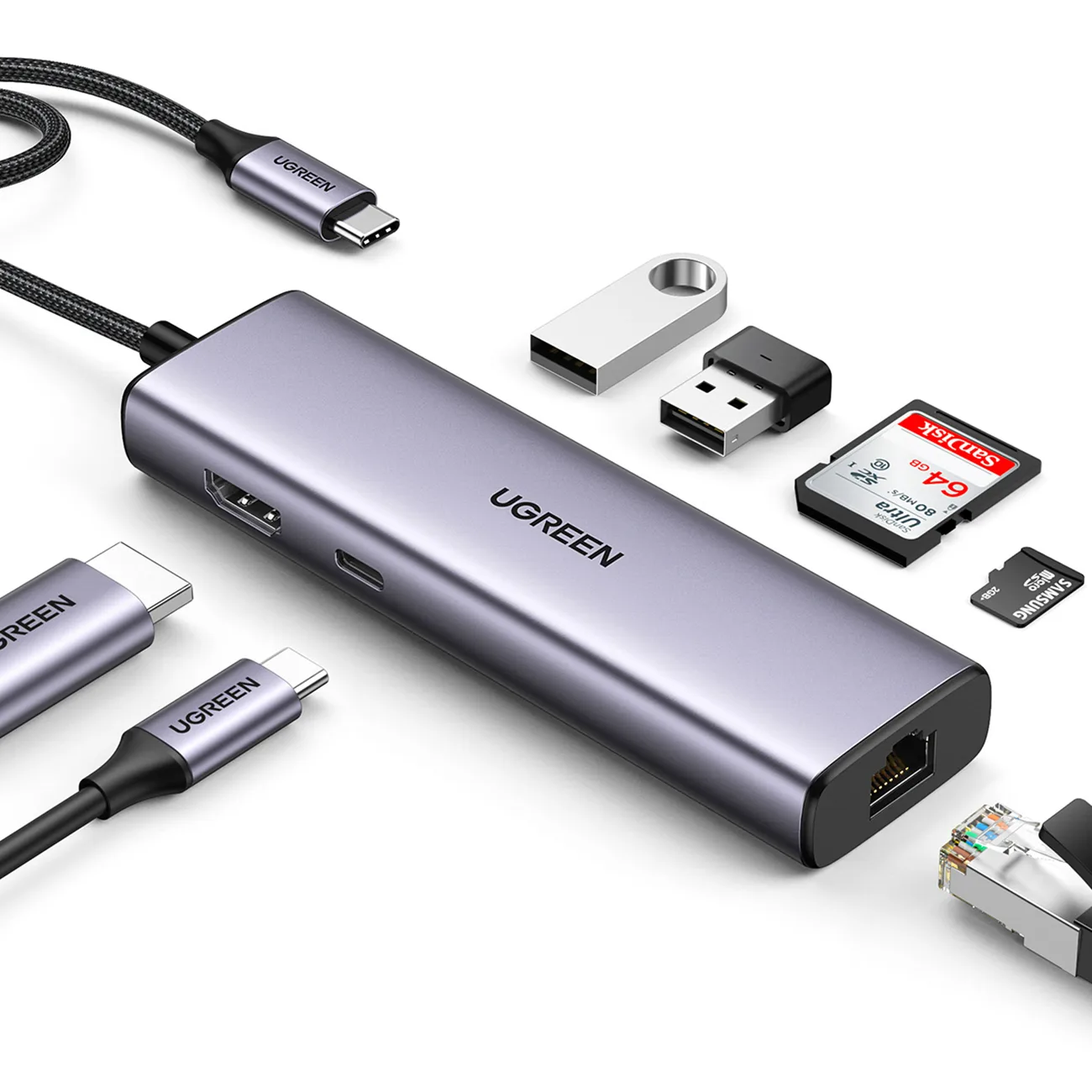 HUB Adapter USB-C - USB-A / HDMI / RJ45 / czytnik kart SD i TF / USB-C PD 100W - szary 2