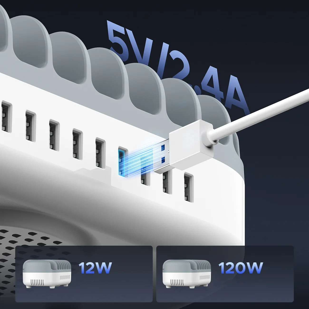 DUK-10P-V1 Stație de încărcare inteligentă pentru telefoane și tablete, 10x USB-A - Alb 6