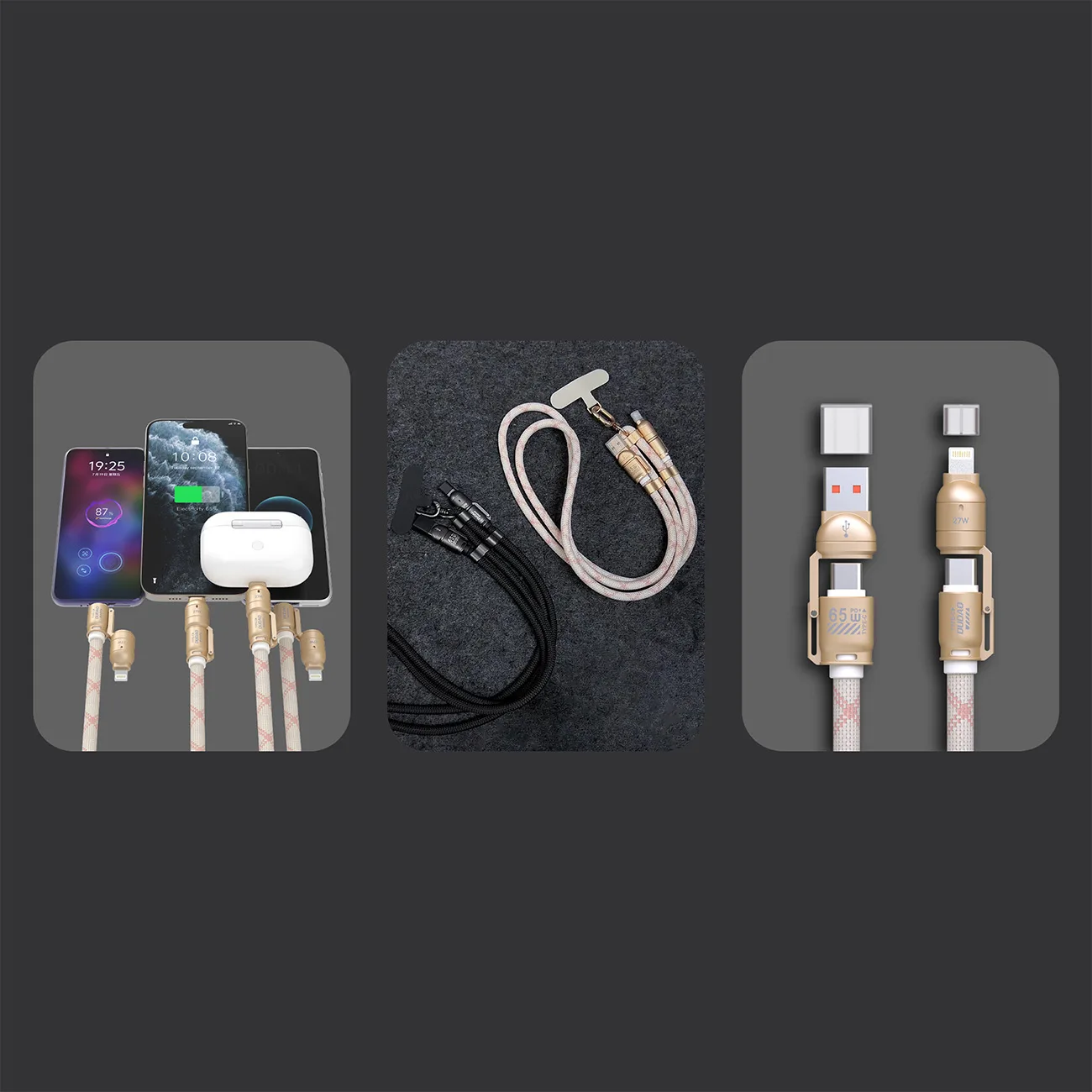 4-v-1 USB-A / USB-C / iPhone Lightning PD QC 65 W kábel s dĺžkou 1,5 m a šnúrkou na krk – ružový 2