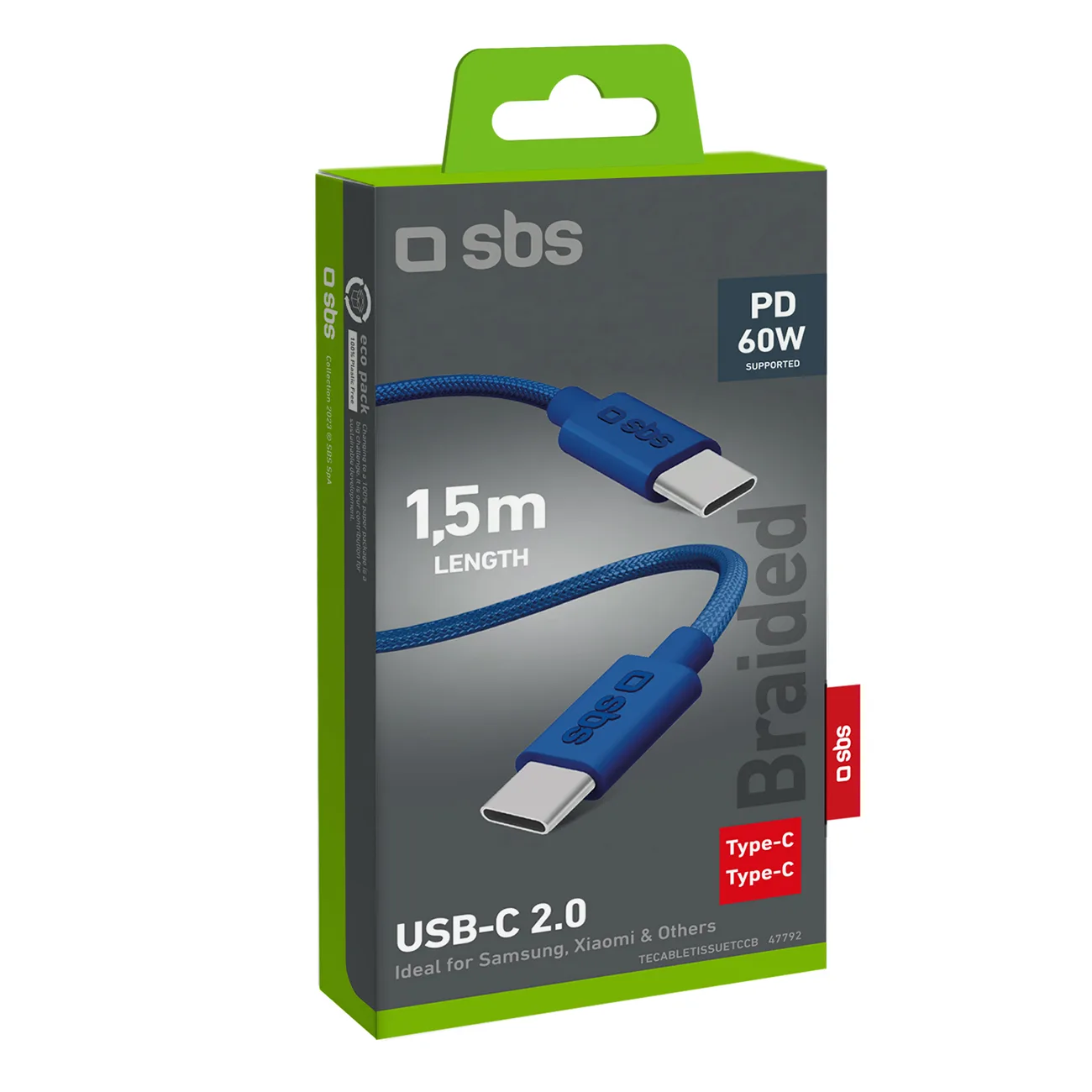 Cablu împletit USB-C la USB-C 60 W, 1,5 m - albastru 2