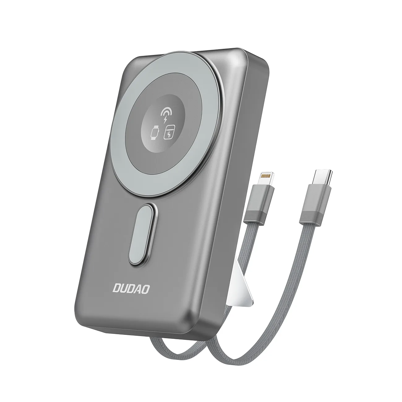 K29 10000 mAh-s MagSafe powerbank fém tokban, állvánnyal és USB-C–iPhone Lightning PD 20 W-os kábelekkel – szürke