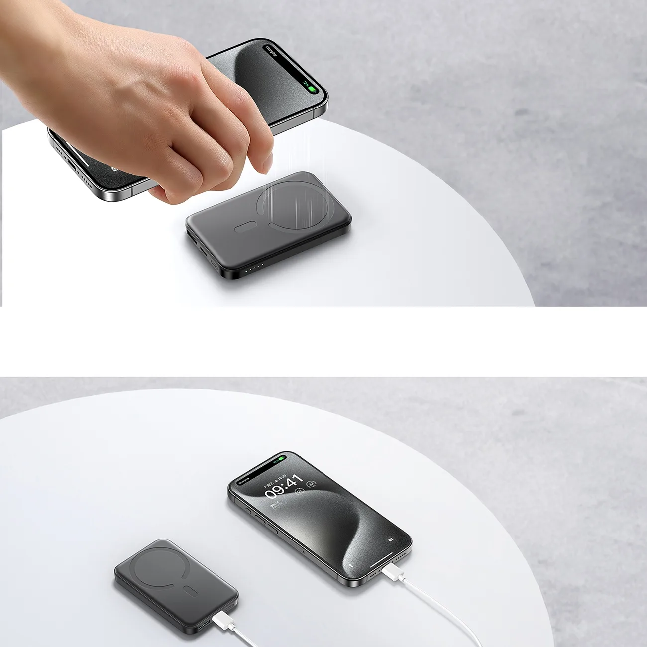 Powerbank indukcyjny 5000mAh USB-A USB-C 20W z kablem USB-C - czarny 10
