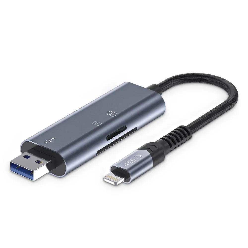 Czytnik kart pamięci SD / micro SD ze złączem iPhone Lightning / USB-A - szary Czytnik kart pamięci SD / micro SD ze złączem iPhone Lightning / USB-A - szary