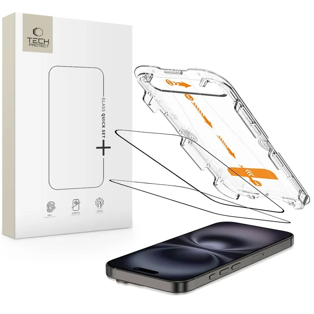 Härtungsglas für iPhone 15 / 16 mit Quick Set+ Einbaurahmen – 2 Stück