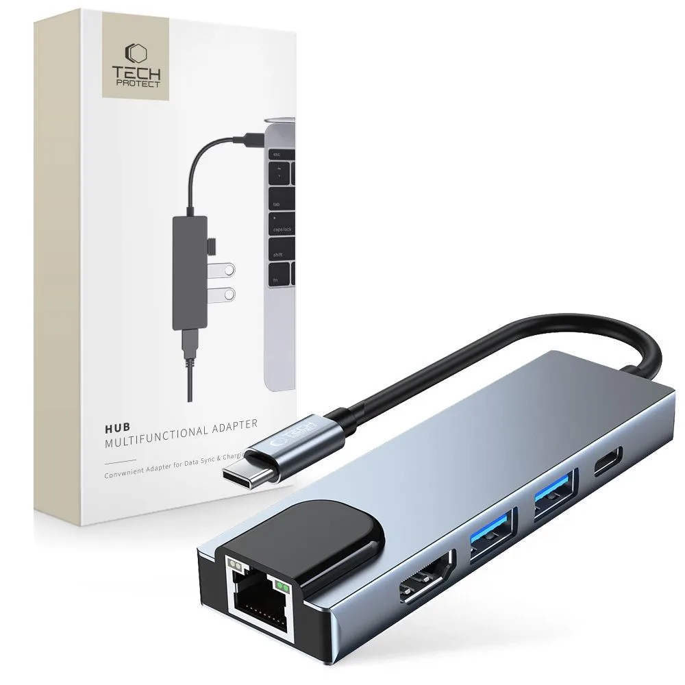 5 az 1-ben USB-C – USB-C, USB-A, HDMI, RJ45 hub – szürke