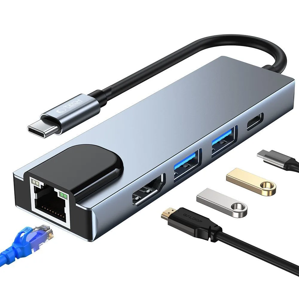 5w1 HUB rozdzielacz USB-C na USB-C USB-A HDMI RJ45 - szary 2