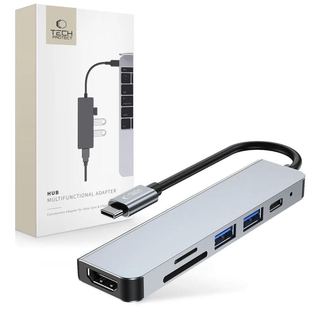 6 az 1-ben USB-C – USB-A, USB-C, HDMI, micro SD / TF / SD hub – szürke